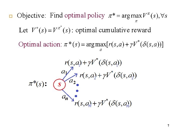  Objective: Find optimal policy optimal cumulative reward Optimal action: 7 