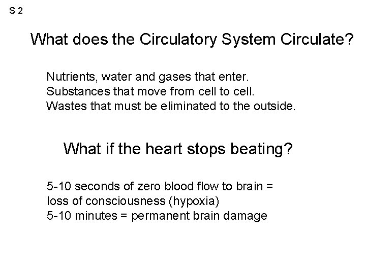 S 2 What does the Circulatory System Circulate? Nutrients, water and gases that enter.