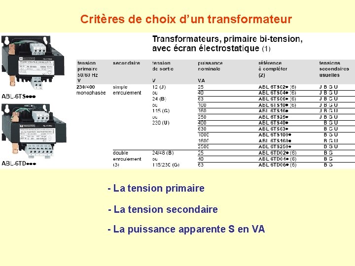Critères de choix d’un transformateur - La tension primaire - La tension secondaire - Critères de choix d’un transformateur - La tension primaire - La tension secondaire -