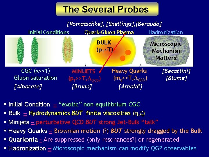 The Several Probes [Romatschke], [Snellings], [Beraudo] Initial Conditions Quark-Gluon Plasma Hadronization BULK (p. T~T)