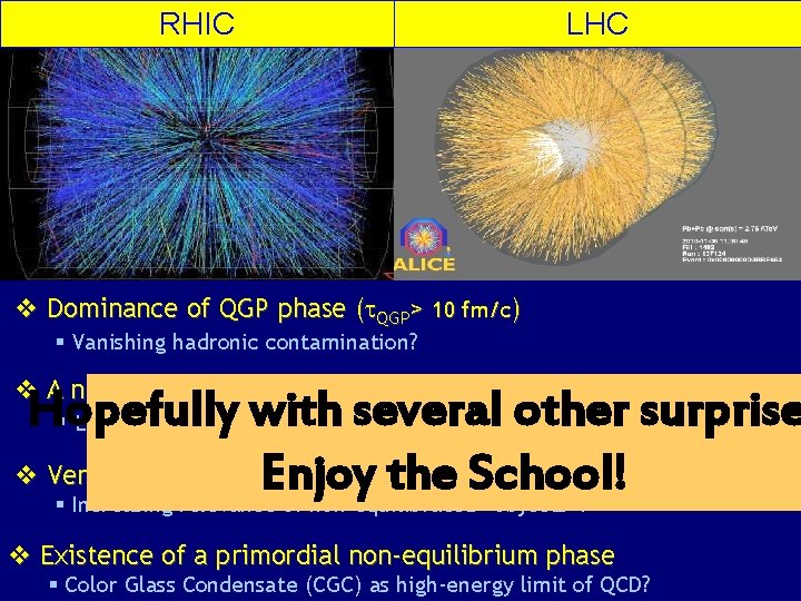 RHIC LHC v Dominance of QGP phase (t. QGP> 10 fm/c) § Vanishing hadronic