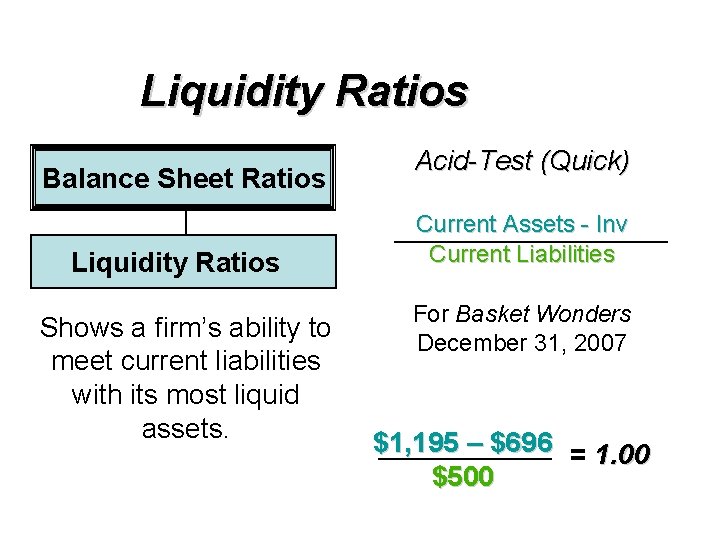 Liquidity Ratios Balance Sheet Ratios Liquidity Ratios Shows a firm’s ability to meet current
