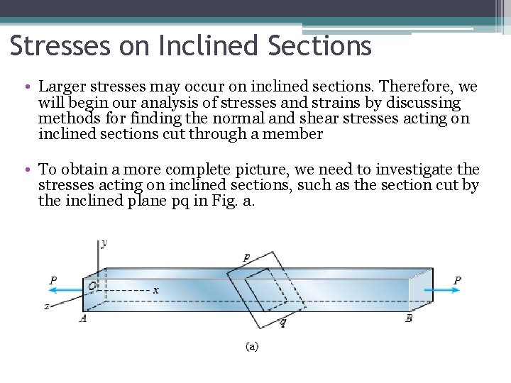 Stresses on Inclined Sections • Larger stresses may occur on inclined sections. Therefore, we