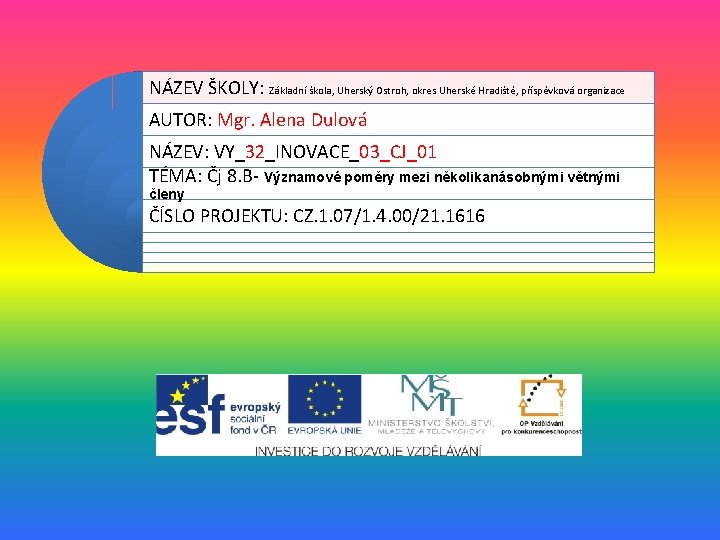 NÁZEV ŠKOLY: Základní škola, Uherský Ostroh, okres Uherské Hradiště, příspěvková organizace AUTOR: Mgr. Alena NÁZEV ŠKOLY: Základní škola, Uherský Ostroh, okres Uherské Hradiště, příspěvková organizace AUTOR: Mgr. Alena