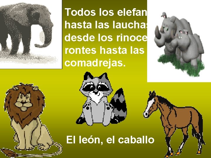 Todos los elefantes hasta las lauchas, desde los rinocerontes hasta las comadrejas. El león, Todos los elefantes hasta las lauchas, desde los rinocerontes hasta las comadrejas. El león,