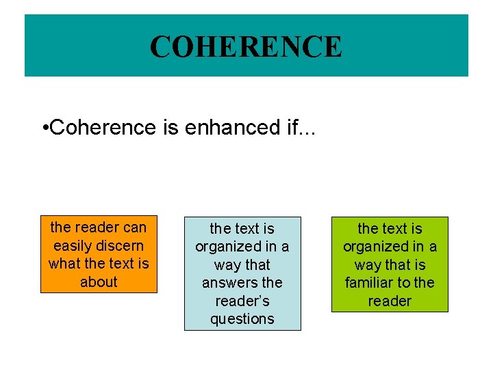 COHERENCE • Coherence is enhanced if. . . the reader can easily discern what