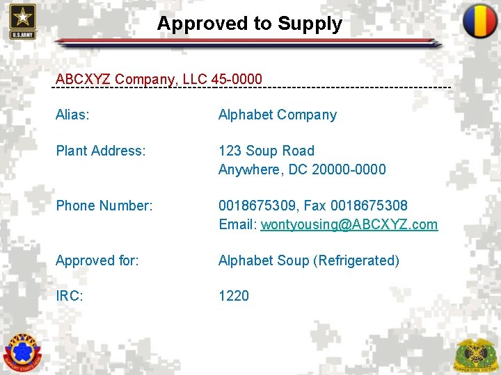 Approved to Supply ABCXYZ Company, LLC 45 -0000 Alias: Alphabet Company Plant Address: 123 Approved to Supply ABCXYZ Company, LLC 45 -0000 Alias: Alphabet Company Plant Address: 123