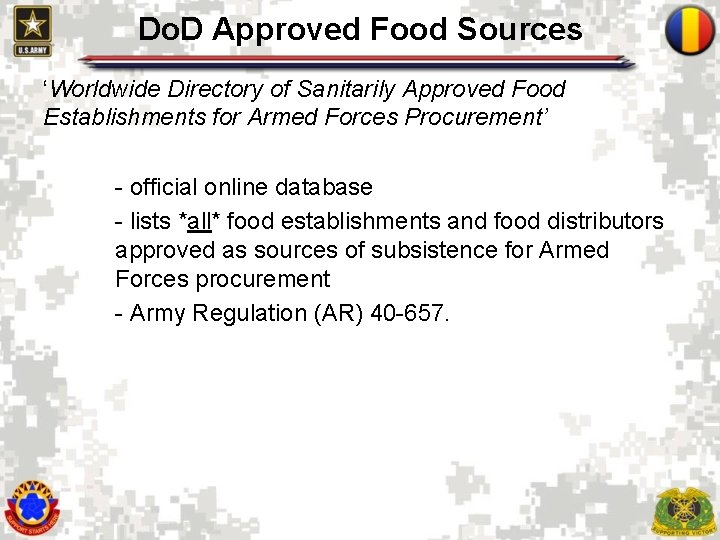 Do. D Approved Food Sources ‘Worldwide Directory of Sanitarily Approved Food Establishments for Armed Do. D Approved Food Sources ‘Worldwide Directory of Sanitarily Approved Food Establishments for Armed
