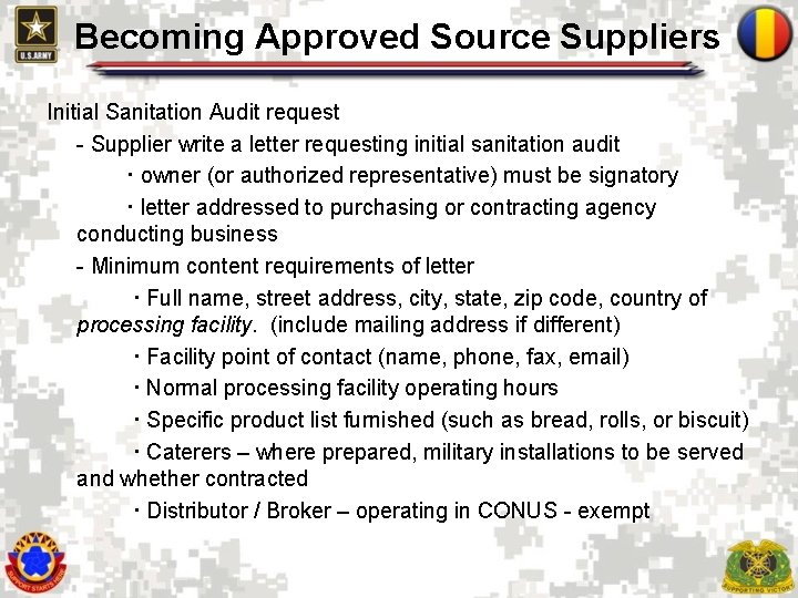 Becoming Approved Source Suppliers Initial Sanitation Audit request - Supplier write a letter requesting Becoming Approved Source Suppliers Initial Sanitation Audit request - Supplier write a letter requesting