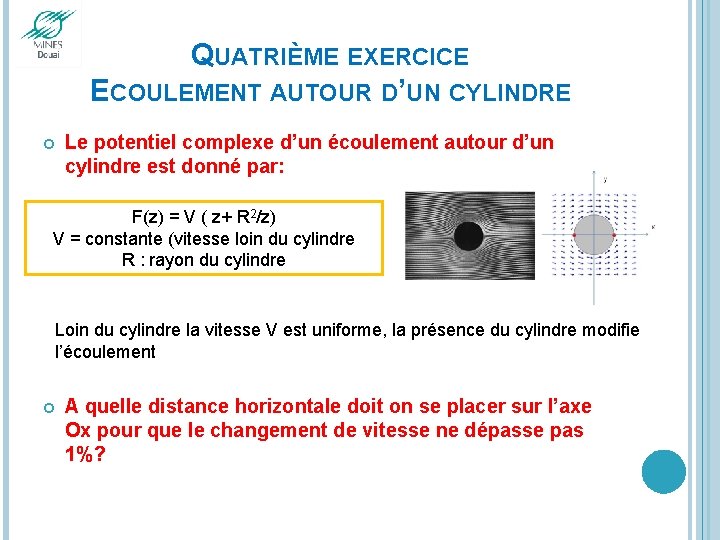 QUATRIÈME EXERCICE ECOULEMENT AUTOUR D’UN CYLINDRE Le potentiel complexe d’un écoulement autour d’un cylindre