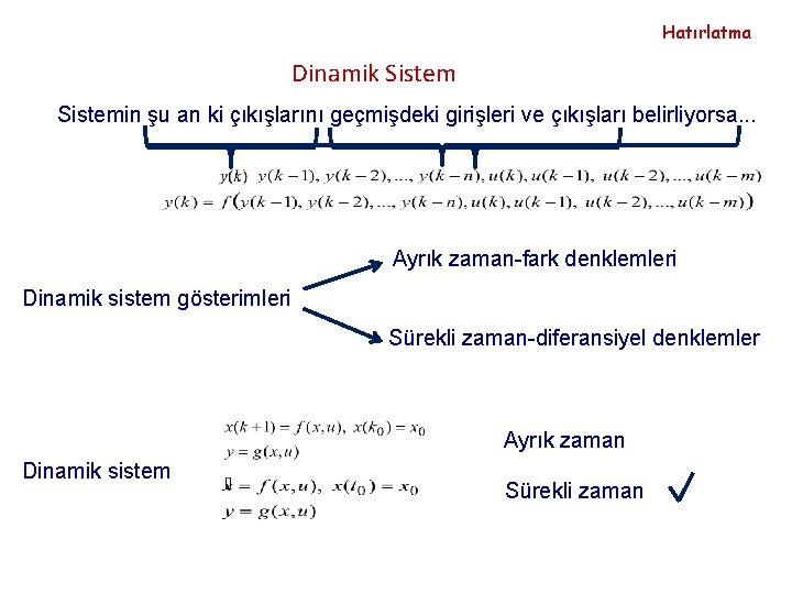 Hatırlatma Dinamik Sistemin şu an ki çıkışlarını geçmişdeki girişleri ve çıkışları belirliyorsa. . .