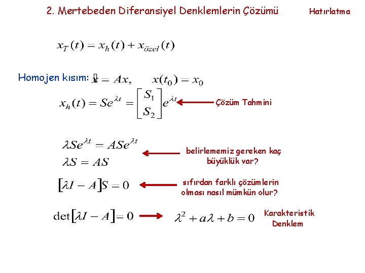 2. Mertebeden Diferansiyel Denklemlerin Çözümü Hatırlatma Homojen kısım: Çözüm Tahmini belirlememiz gereken kaç büyüklük