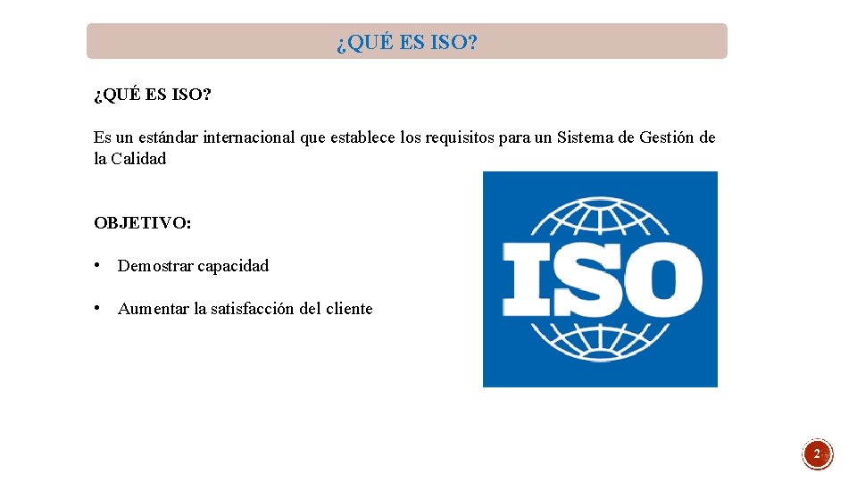 ¿QUÉ ES ISO? Es un estándar internacional que establece los requisitos para un Sistema ¿QUÉ ES ISO? Es un estándar internacional que establece los requisitos para un Sistema