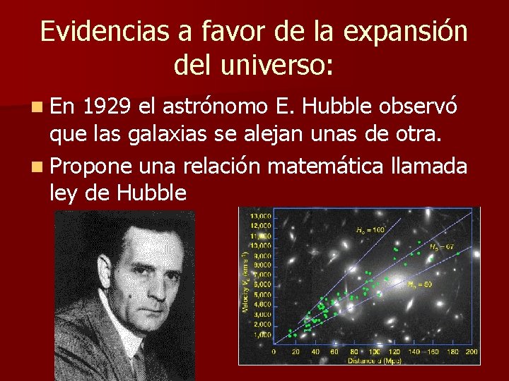 Evidencias a favor de la expansión del universo: n En 1929 el astrónomo E.