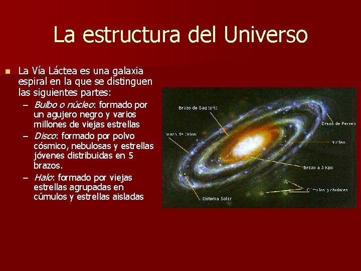 La estructura del Universo n La Vía Láctea es una galaxia espiral en la