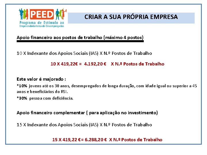 CRIAR A SUA PRÓPRIA EMPRESA Apoio financeiro aos postos de trabalho (máximo 4 postos)