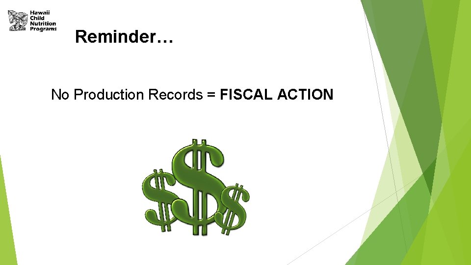 Reminder… No Production Records = FISCAL ACTION Reminder… No Production Records = FISCAL ACTION