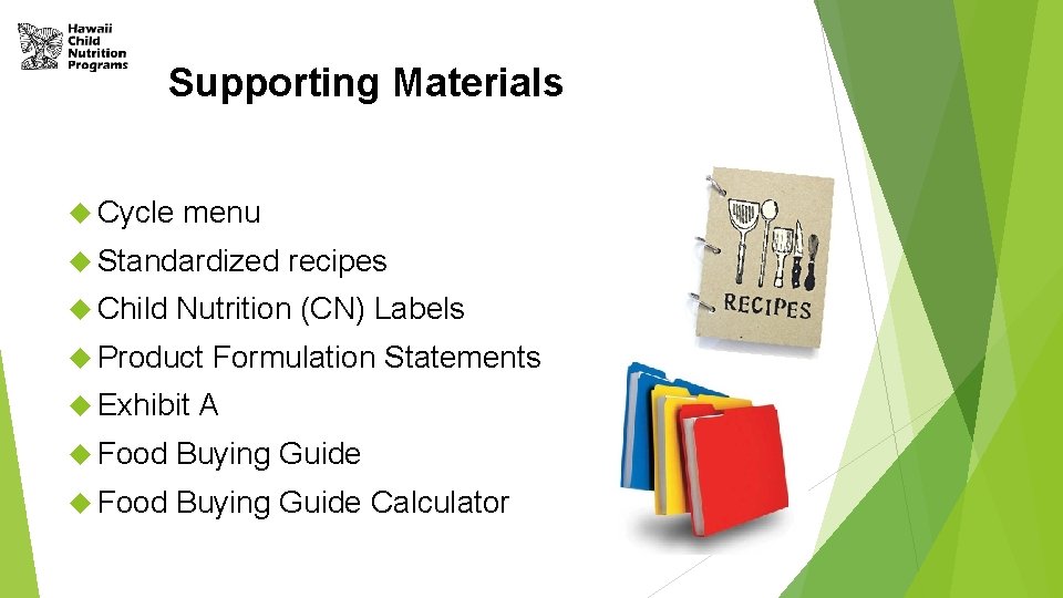 Supporting Materials Cycle menu Standardized Child recipes Nutrition (CN) Labels Product Exhibit Formulation Statements