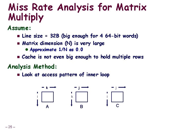 Miss Rate Analysis for Matrix Multiply Assume: n n Line size = 32 B