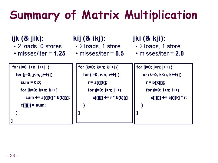 Summary of Matrix Multiplication ijk (& jik): kij (& ikj): jki (& kji): •