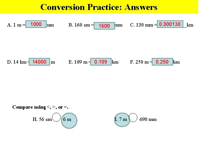 Conversion Practice: Answers 1000 mm A. 1 m = _______ B. 160 cm =