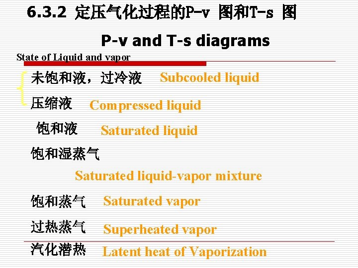6. 3. 2 定压气化过程的P-v 图和T-s 图 P-v and T-s diagrams State of Liquid and