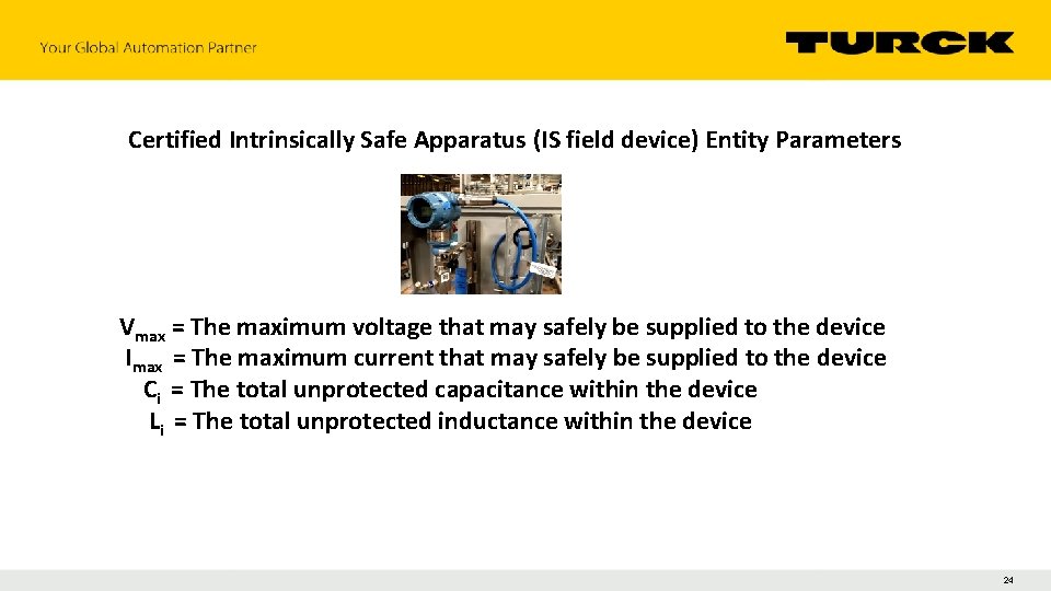 Certified Intrinsically Safe Apparatus (IS field device) Entity Parameters Vmax = The maximum voltage