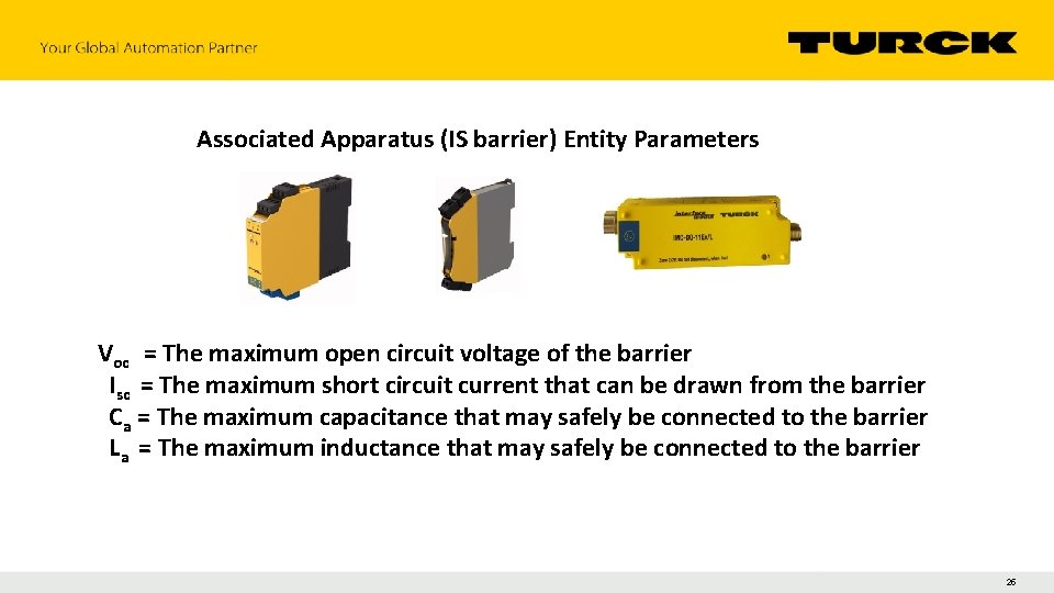 Associated Apparatus (IS barrier) Entity Parameters Voc = The maximum open circuit voltage of