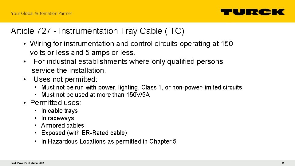 Article 727 - Instrumentation Tray Cable (ITC) • Wiring for instrumentation and control circuits