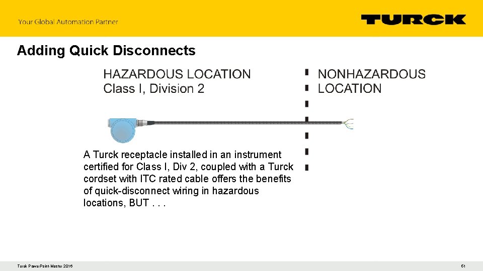 Adding Quick Disconnects A Turck receptacle installed in an instrument certified for Class I,