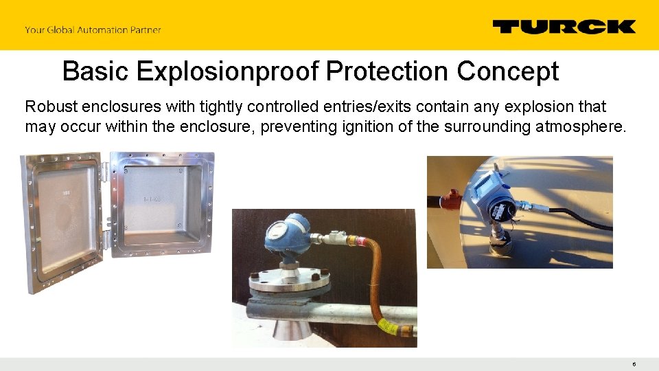 Basic Explosionproof Protection Concept Robust enclosures with tightly controlled entries/exits contain any explosion that