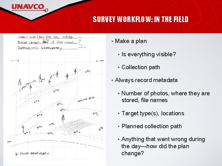 SURVEY WORKFLOW: IN THE FIELD • Make a plan • Is everything visible? •