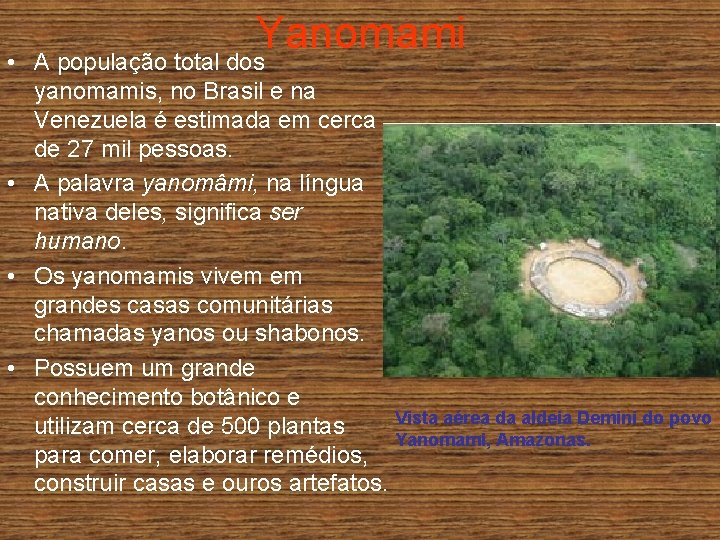 Yanomami • A população total dos yanomamis, no Brasil e na Venezuela é estimada