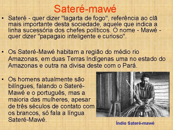 Sateré-mawé • Sateré - quer dizer "lagarta de fogo'', referência ao clã mais importante