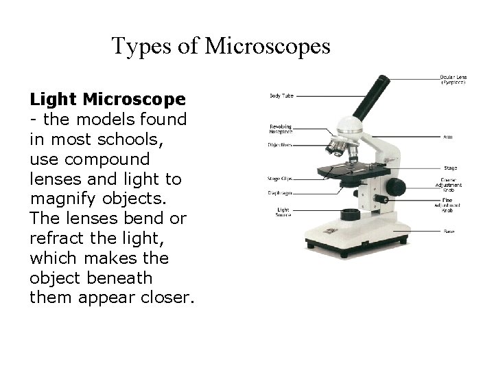 Types of Microscopes Light Microscope - the models found in most schools, use compound