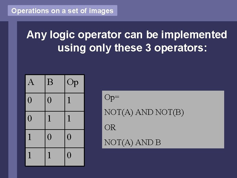 Operations on a set of images Any logic operator can be implemented using only