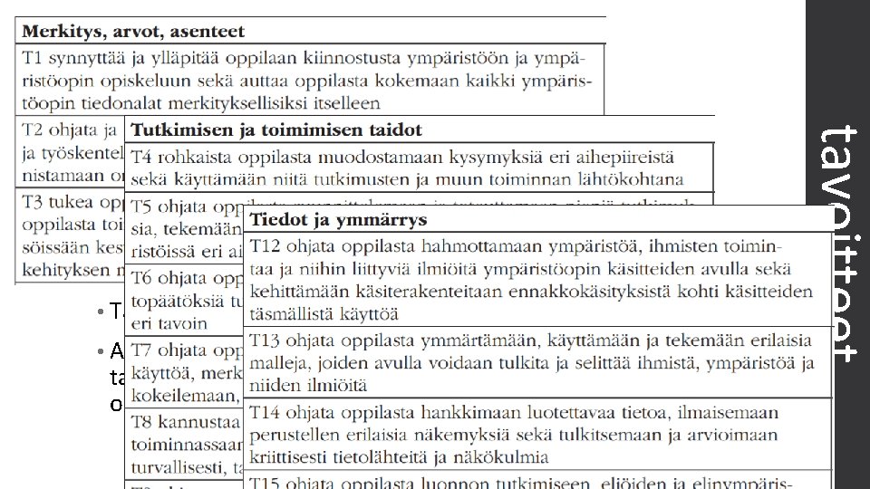 Opetussuunnitelman tavoitteet • Tavoitteita on kolmea lajia: merkitystavoitteet (arvot ja asenteet) taitotavoitteet tietotavoitteet •