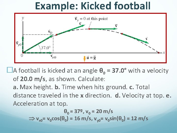Example: Kicked football �A football is kicked at an angle θ 0 = 37.