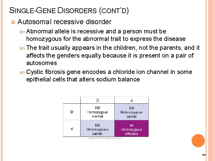 SINGLE-GENE DISORDERS (CONT’D) Autosomal recessive disorder Abnormal allele is recessive and a person must