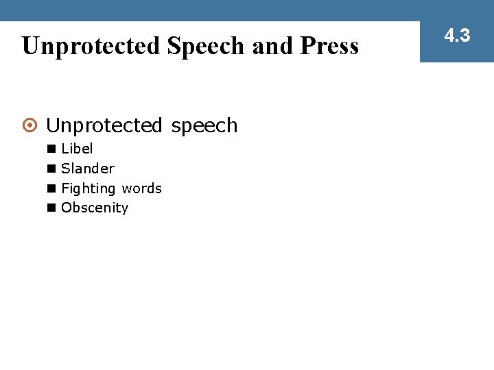 Unprotected Speech and Press ¤ Unprotected speech n n Libel Slander Fighting words Obscenity