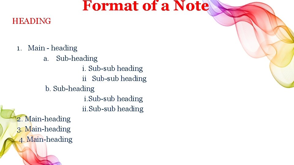  Format of a Note HEADING 1. Main - heading a. Sub-heading i. Sub-sub