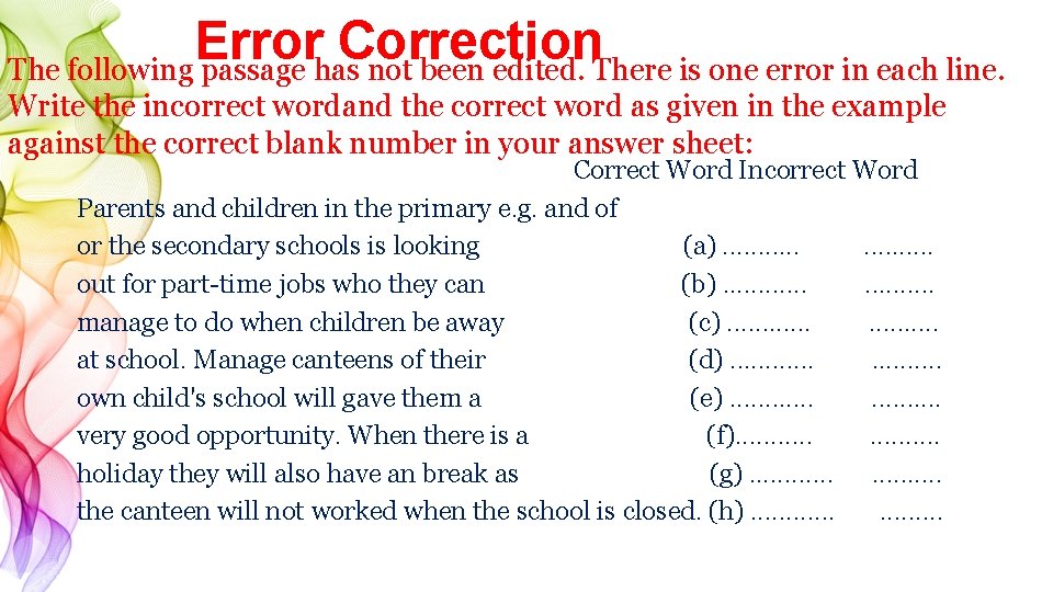 Error Correction The following passage has not been edited. There is one error in