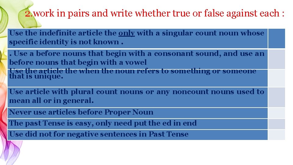 2. work in pairs and write whether true or false against each : Use