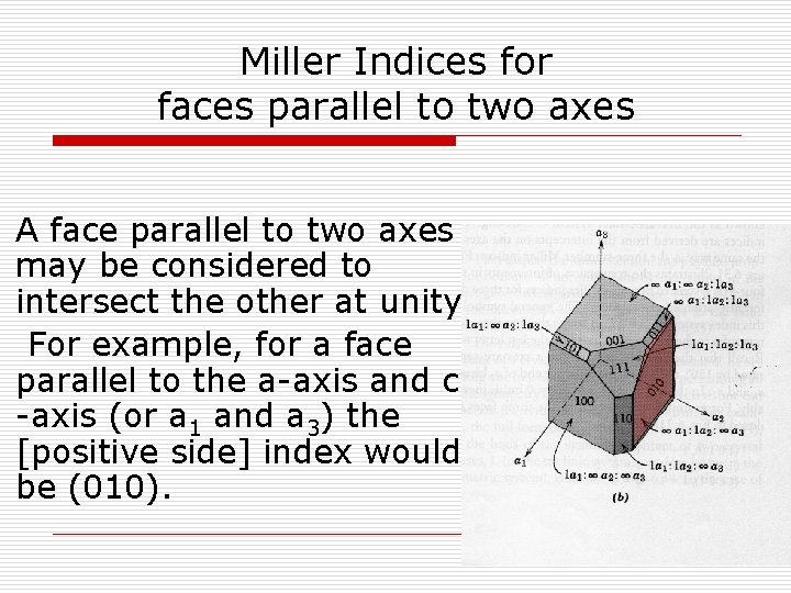 Miller Indices for faces parallel to two axes A face parallel to two axes