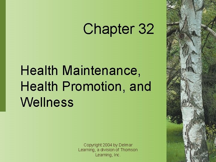 Chapter 32 Health Maintenance, Health Promotion, and Wellness Copyright 2004 by Delmar Learning, a