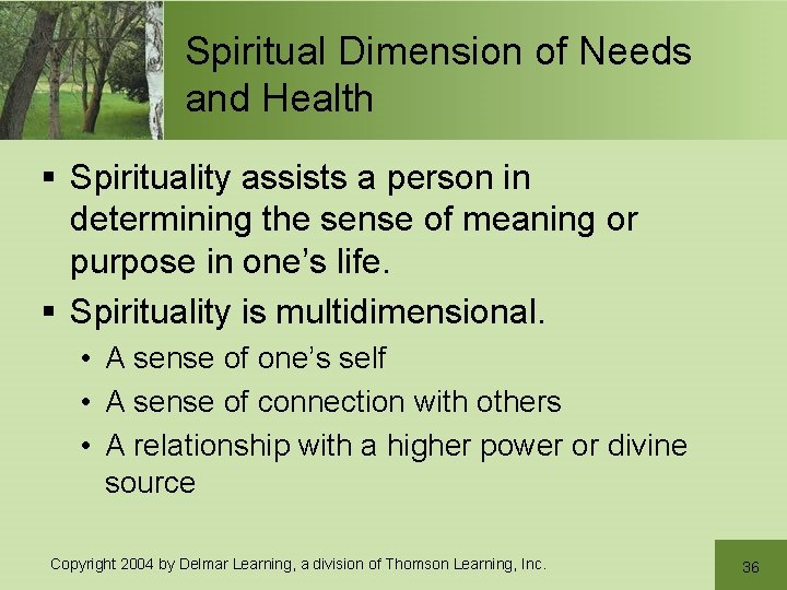 Spiritual Dimension of Needs and Health § Spirituality assists a person in determining the