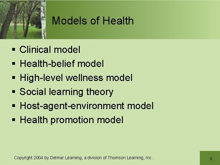 Models of Health § § § Clinical model Health-belief model High-level wellness model Social