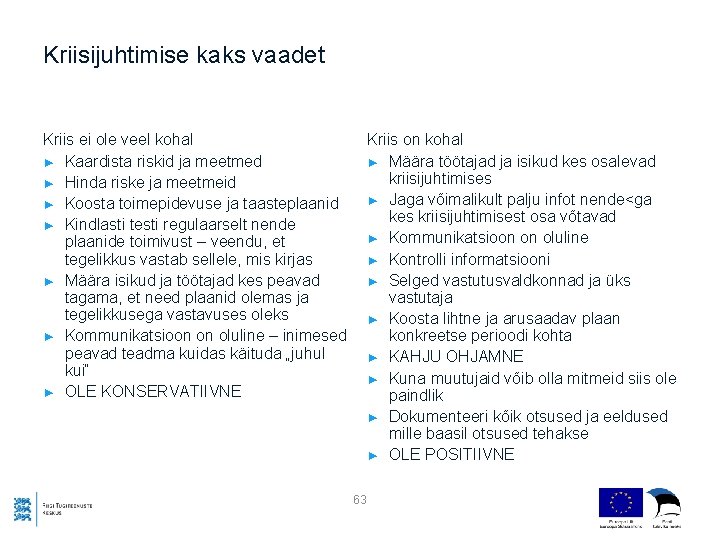 Kriisijuhtimise kaks vaadet Kriis on kohal ► Määra töötajad ja isikud kes osalevad kriisijuhtimises