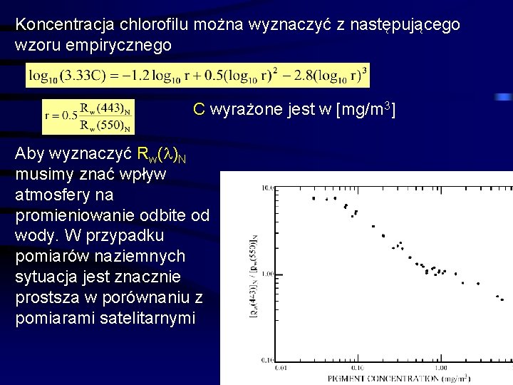 Koncentracja chlorofilu można wyznaczyć z następującego wzoru empirycznego C wyrażone jest w [mg/m 3]