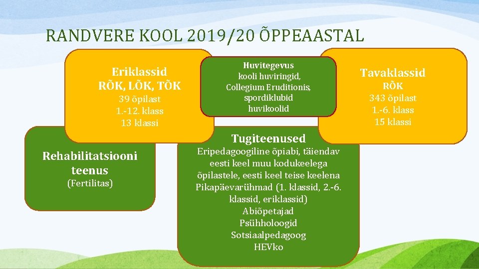 RANDVERE KOOL 2019/20 ÕPPEAASTAL Eriklassid RÕK, LÕK, TÕK 39 õpilast 1. -12. klass 13